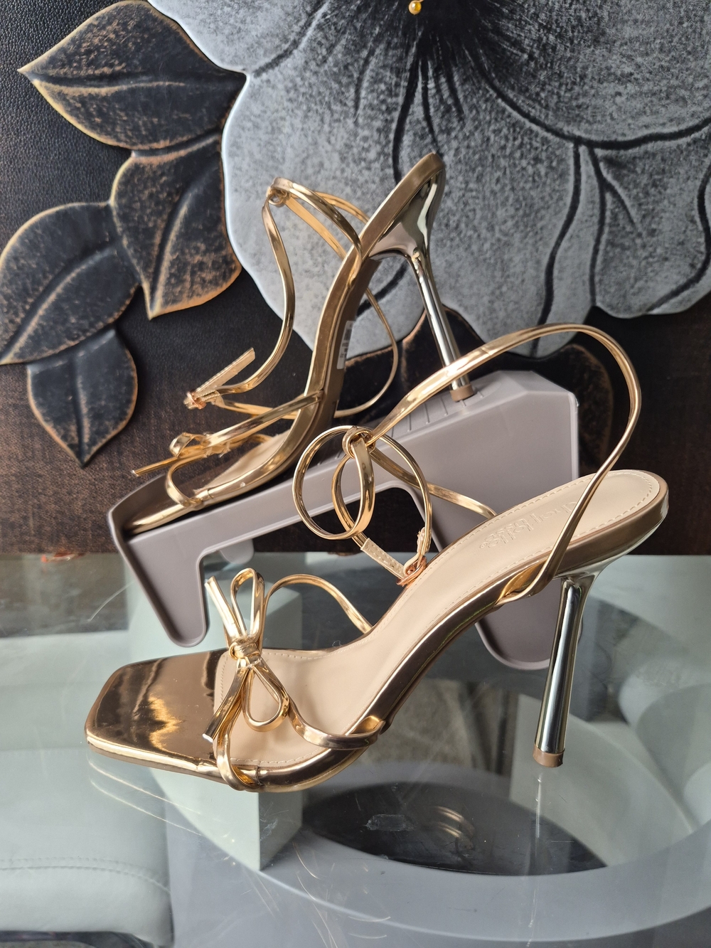 Charlotte Russe Gold Metallic Bow Strappy High Heels